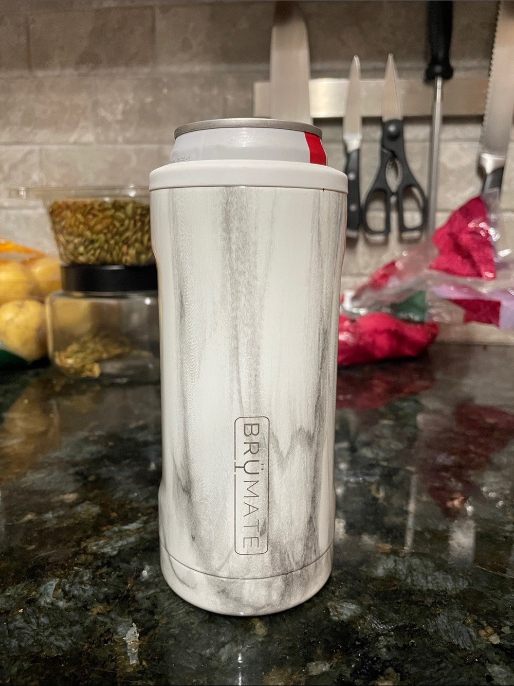 BrüMate Marble White slim Can Cooler - Insulated Beverage Holder